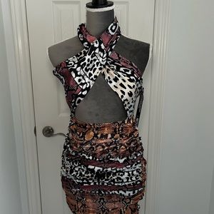 multi animal print halterneck bodycon dress